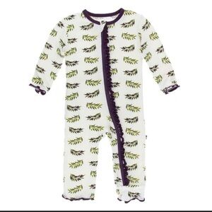 Kickee Pants Bamboo Ruffle Coverall with Zipper Natural Olive Branch 9-12 months